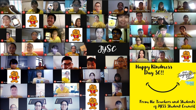Video call screenshot with many participants in yellow shirts celebrating Happy Kindness Day SG from JYSS Student Council.